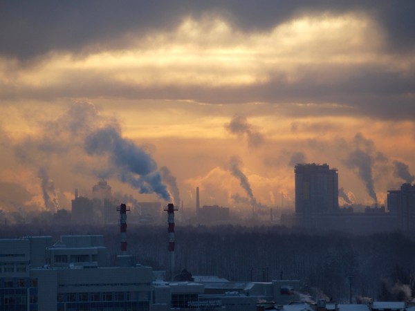 Industrial buildings at sunset